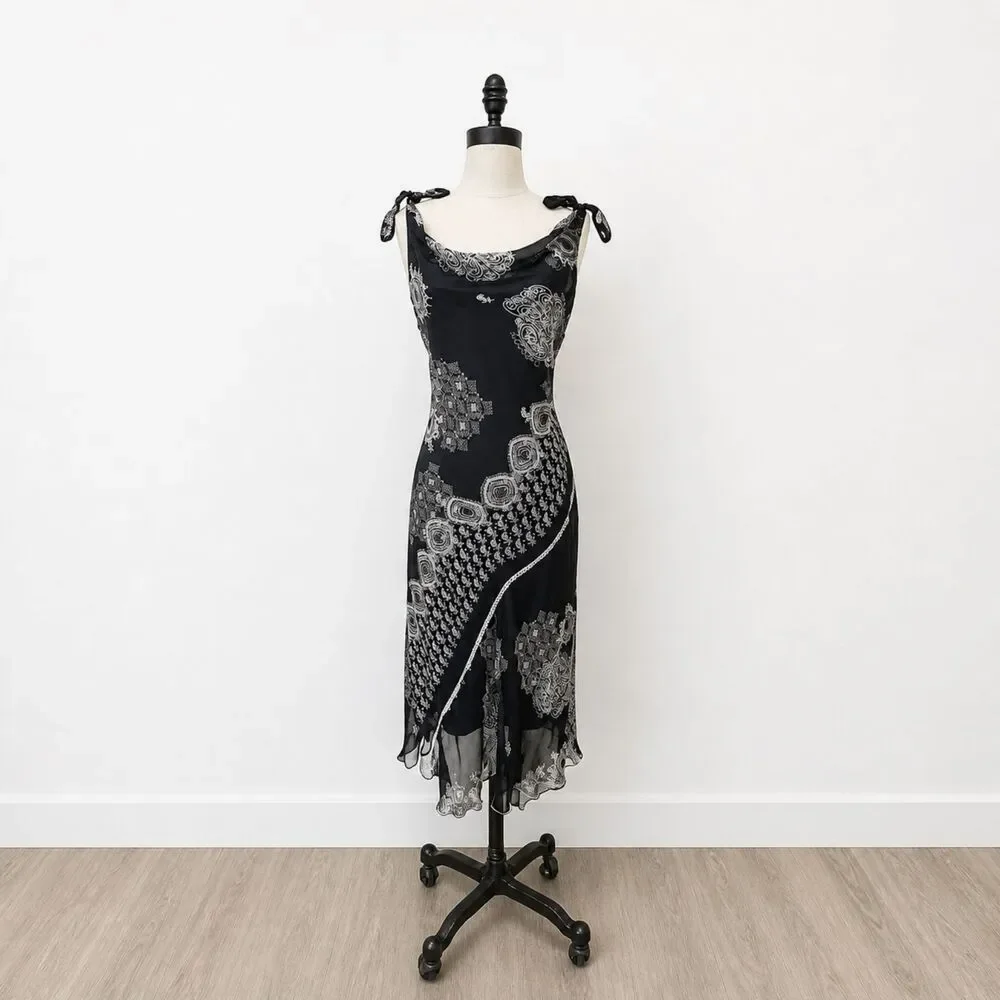 Y2K Sangria Black Mesh Overlay Midi Dress Paisley Sheer Tie Strap Slip 12 - Picture 1 of 8